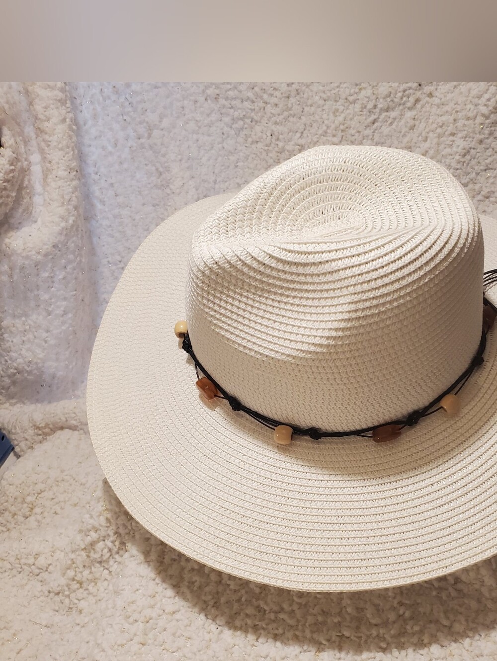 Indigo Sun Wide Brim Straw Sun Hat with Bead Trim - Ivory - Picture 2 of 3